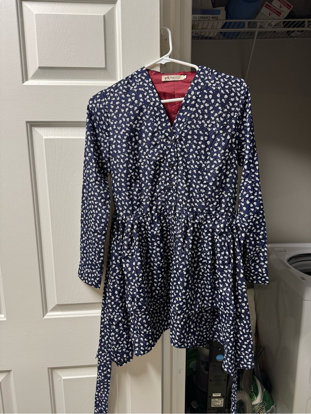 Partysu Navy Floral V-Neck Dress with Burgundy Lining